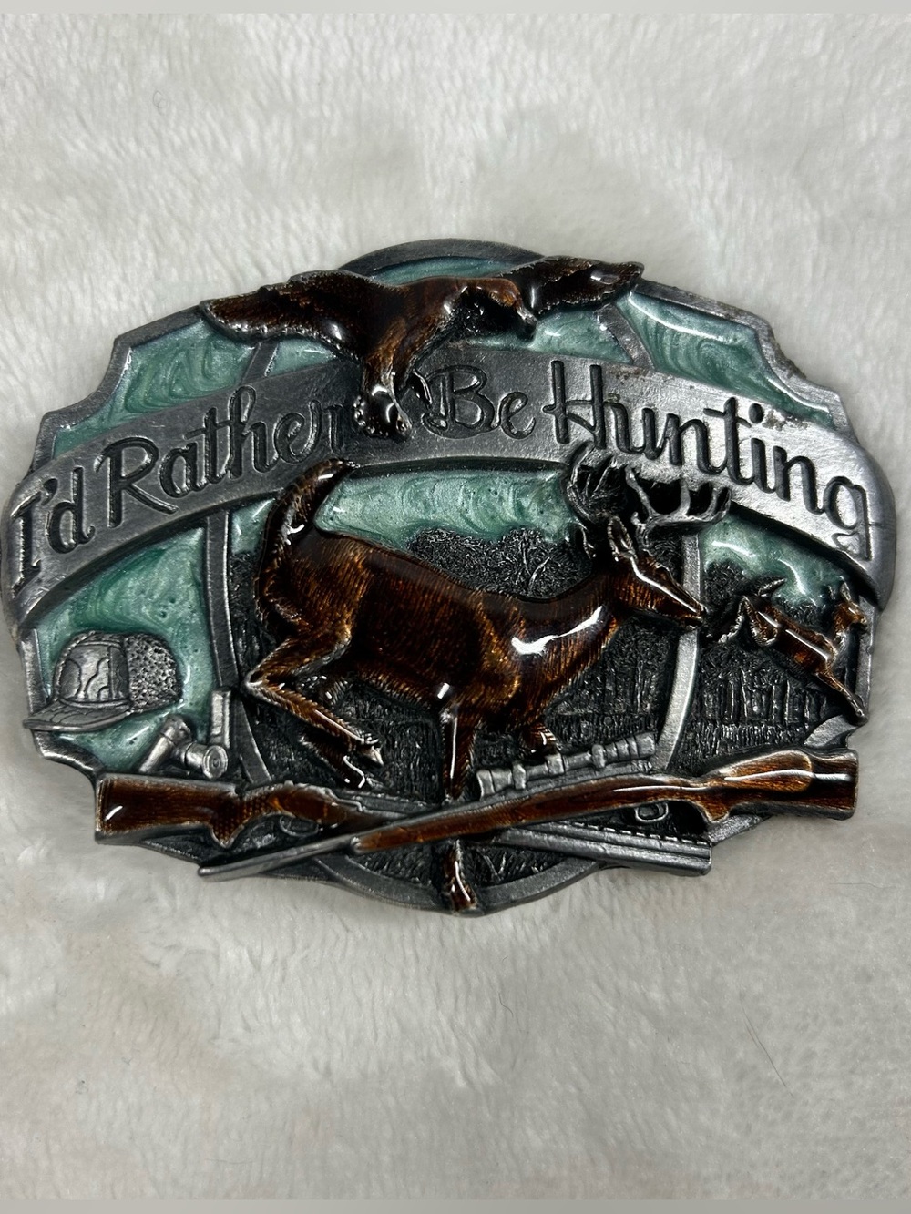 Id Rather Be Hunting Belt Buckle Rifle Deer Duck Hunter Vtg 1987 Siskiyou USA